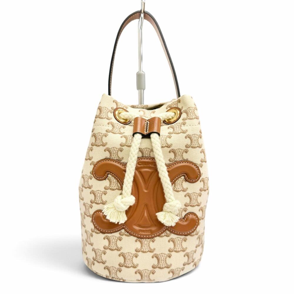 CELINE 19653 Teen Canvas Leather Triomphe Drawstring Handbag, Brown Beige, Go...
